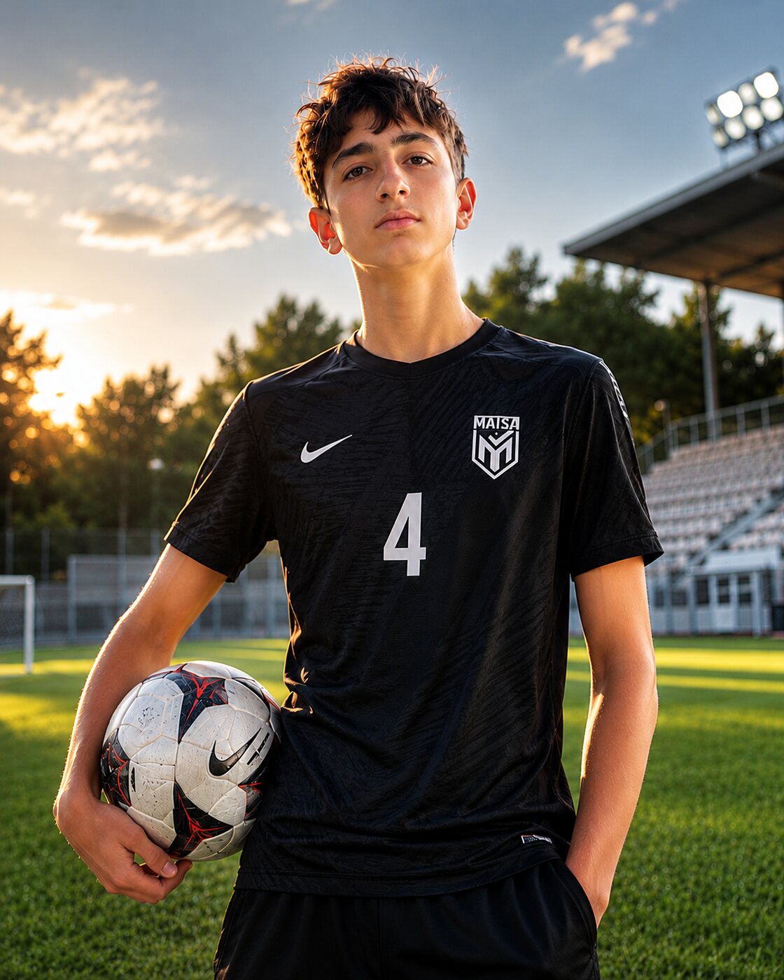 Portrait of Davit Maisuradze holding a football in a digitally edited stadium setting